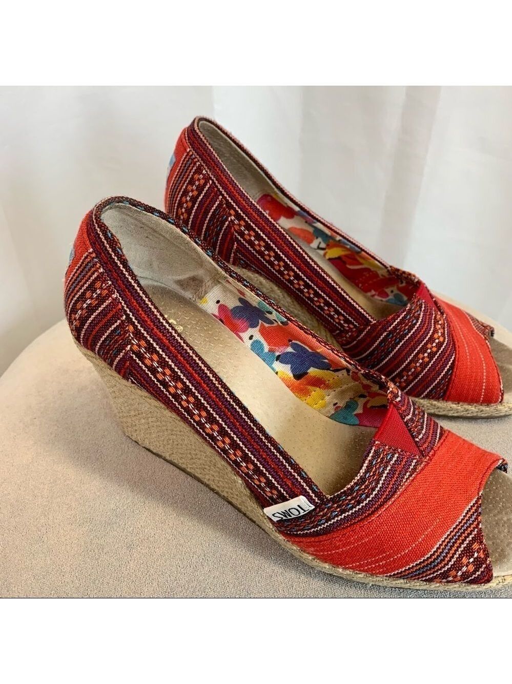 TOMS Red orange Wedge espadrille Sandal size 6.5 - Picture 3 of 6